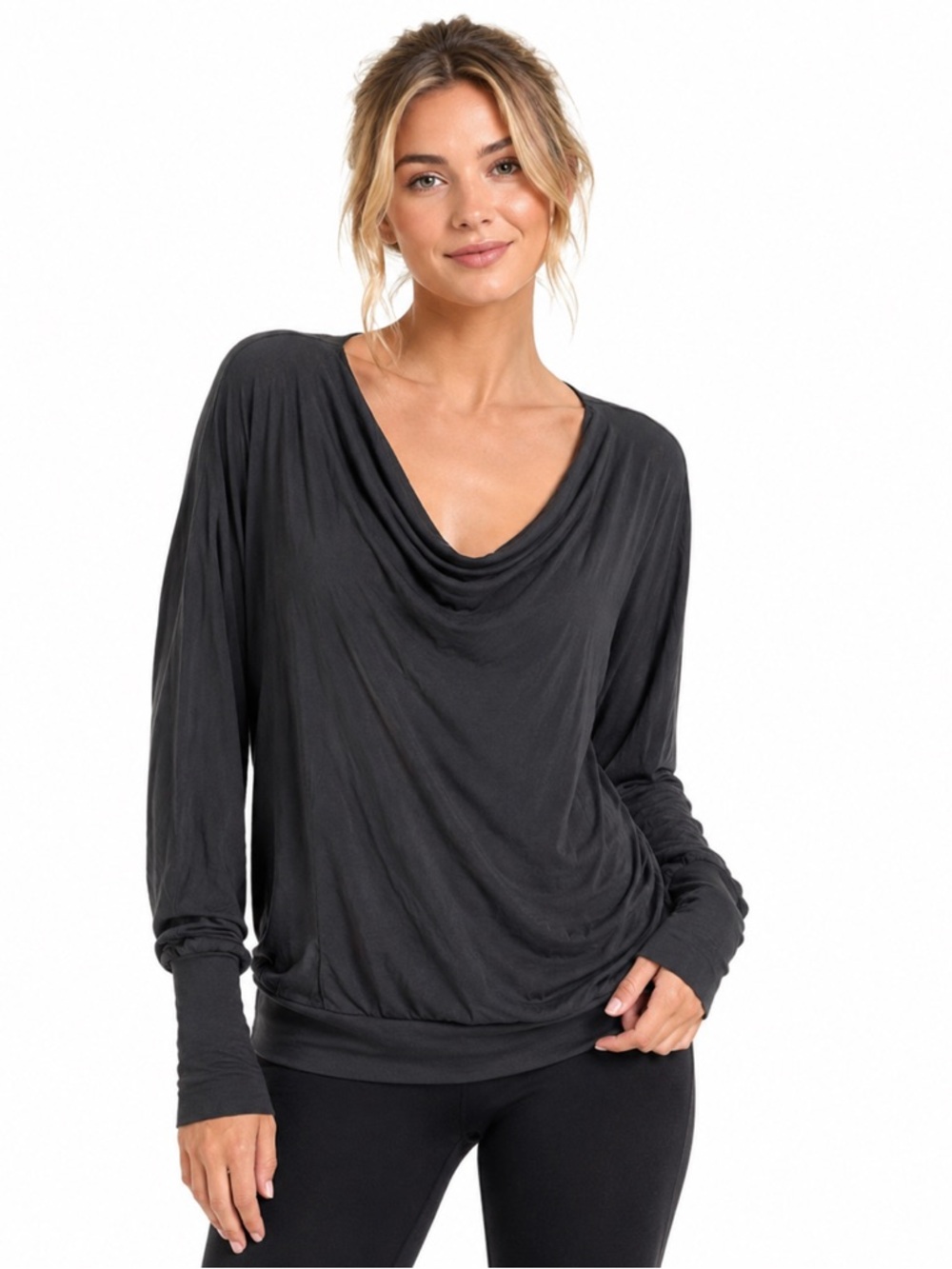 Aritzia Wilfred Cowl Neck Top Black Draped Long Sleeve Blouse Quiet Luxury Large